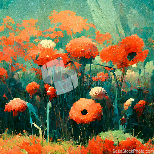 Image of Beautiful poppy field in bright sunlight. Spring flower backgrou