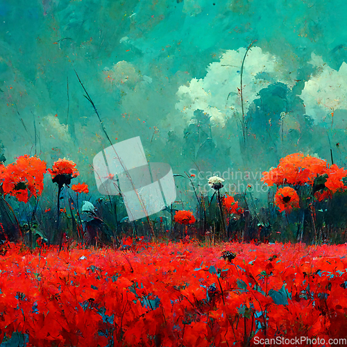 Image of Beautiful poppy field and cloudy sky. Spring flower background, 