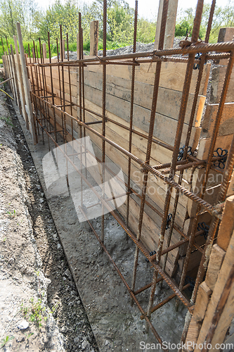 Image of Tied rebar and mounted formwork close-up