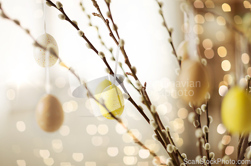 Image of close up of pussy willow decorated by easter eggs