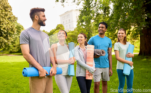 Image of group of happy people with yoga mats at park