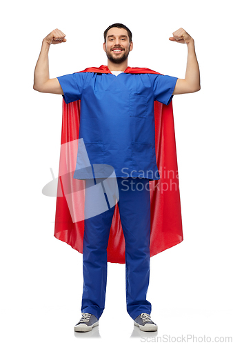 Image of smiling doctor or male nurse in superhero cape