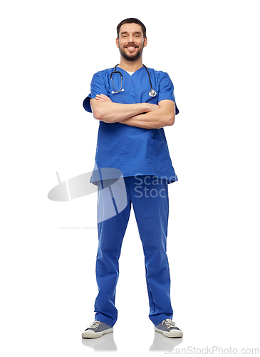 Image of smiling doctor or male nurse with stethoscope