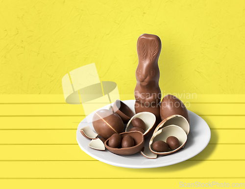 Image of chocolate bunny, eggs and candies on white plate