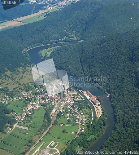 Image of Aerial view of the village Deluz and river Doubs