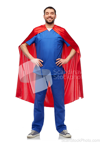 Image of smiling doctor or male nurse in superhero cape