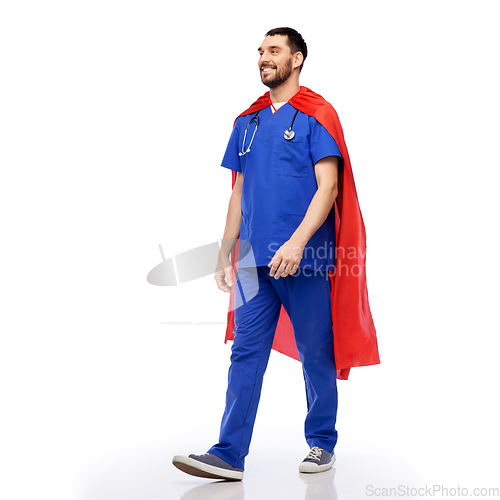 Image of smiling doctor or male nurse in superhero cape