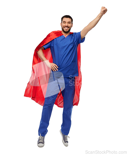 Image of doctor or male nurse in superhero cape flying