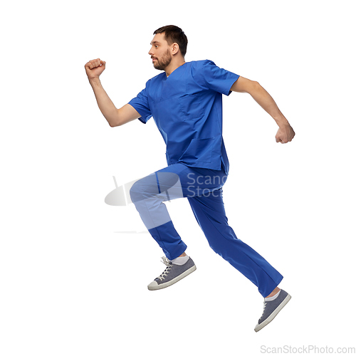 Image of doctor or male nurse jumping in air