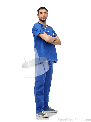 Image of doctor or male nurse with stethoscope