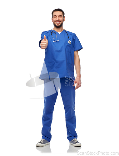 Image of smiling doctor or male nurse showing thumbs up