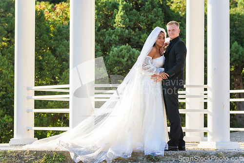 Image of Portrait of a mixed race newlyweds in front of a gazebo with round columns