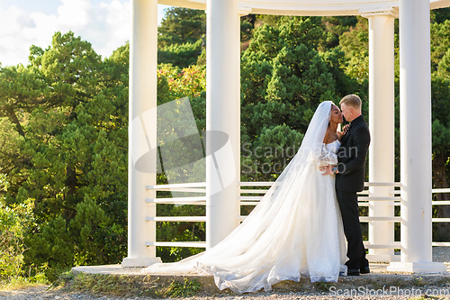 Image of Portrait of mixed-racial newlyweds against the background of a gazebo with round columns, a girl in a lush white dress