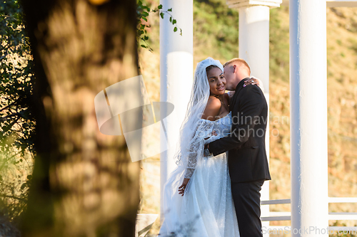 Image of Young beautiful interracial newlyweds hugging against the background of white columns