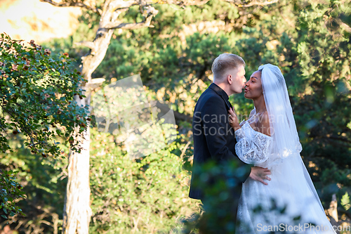 Image of Interracial newlyweds kissing against the backdrop of a sunny forest
