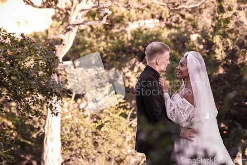 Image of Portrait of young beautiful interracial newlyweds on a walk