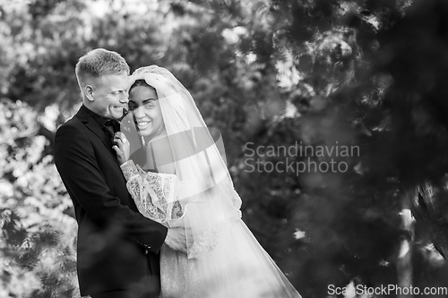 Image of Portrait of interracial newlyweds hugging against the backdrop of a beautiful forest landscape, black and white photography