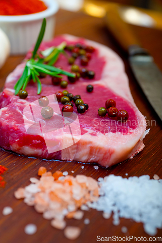 Image of raw uncooked  ribeye beef steak butcher selection