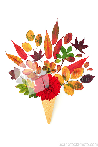 Image of Surreal Ice Cream Cornet Autumn Flowers and Leaves Composition