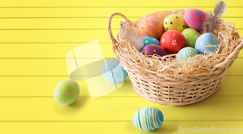 Image of close up of colored easter eggs in basket