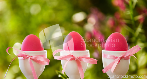 Image of pink easter eggs in holders on natural background