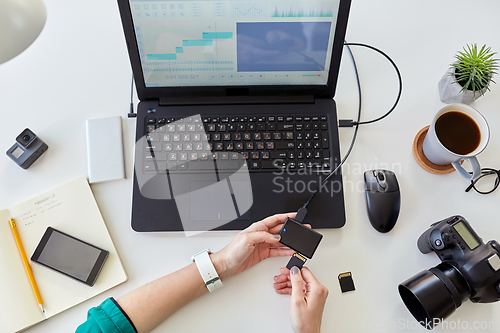 Image of woman with sd card reader and laptop at office