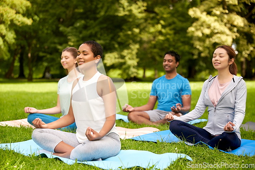 Image of group of people doing yoga at summer park