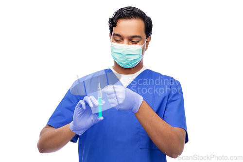 Image of indian male doctor in mask with vaccine in syringe