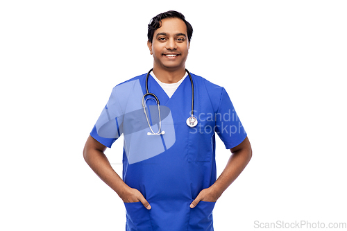 Image of happy indian doctor or male nurse with stethoscope