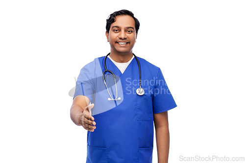 Image of happy indian male doctor giving hand for handshake