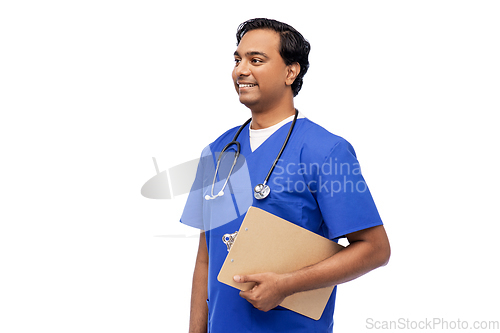 Image of indian male doctor with clipboard and stethoscope