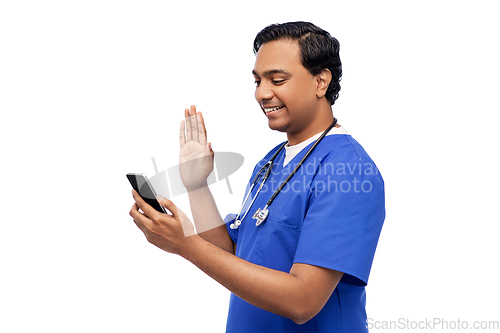 Image of doctor or male nurse having video call on phone