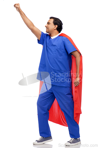 Image of smiling doctor or male nurse in superhero cape