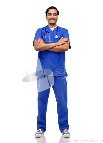 Image of happy indian doctor or male nurse in blue uniform
