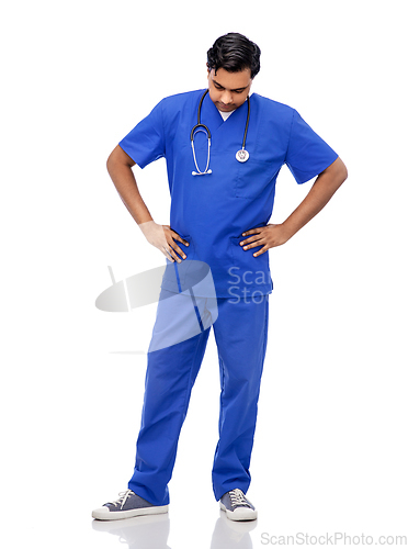 Image of stressed doctor or male nurse in blue uniform
