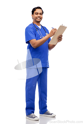 Image of male doctor writing medical report on clipboard