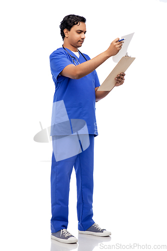 Image of indian male doctor with report on clipboard