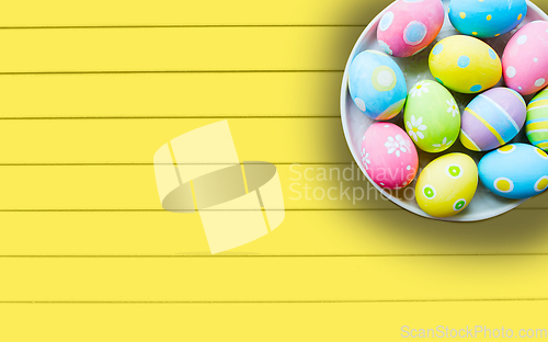 Image of close up of colored easter eggs on plate