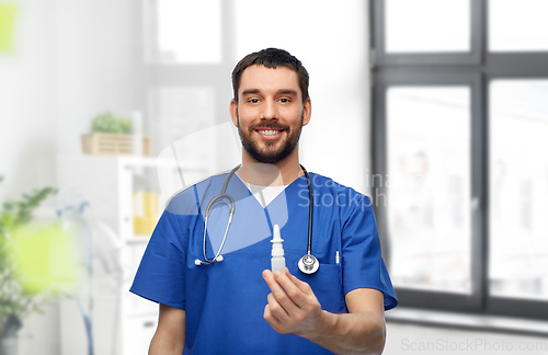 Image of doctor or male nurse with medicine and stethoscope