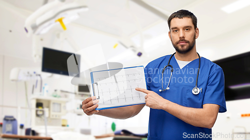 Image of male doctor with cardiogram on clipboard