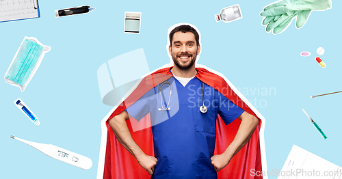 Image of smiling doctor or male nurse in superhero cape