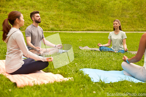 Image of group of people doing yoga at summer park