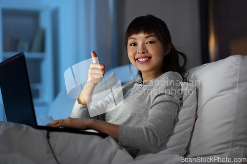 Image of woman with laptop in bed at night shows thumbs up