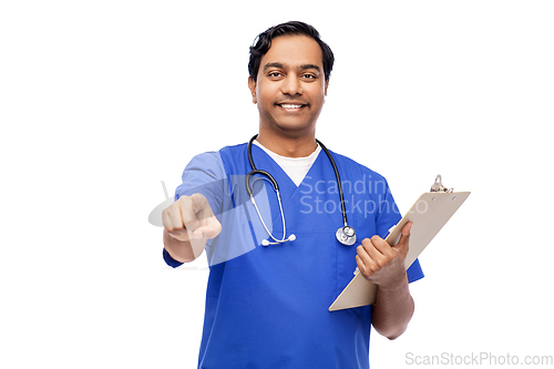 Image of smiling doctor or male nurse pointing to camera