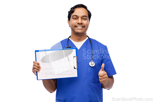 Image of happy male doctor with cardiogram shows thumbs up