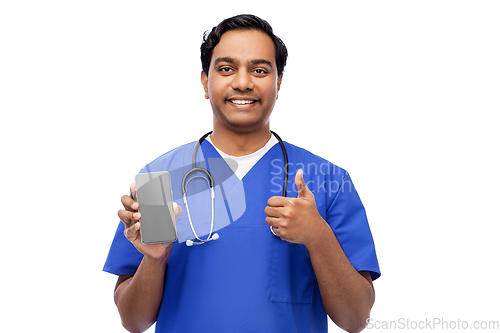 Image of doctor or male nurse with phone showing thumbs up