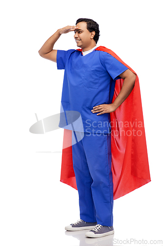 Image of smiling doctor or male nurse in superhero cape