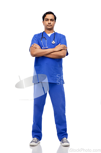 Image of indian doctor or male nurse in blue uniform