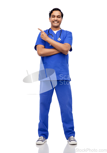 Image of happy indian doctor or male nurse with stethoscope