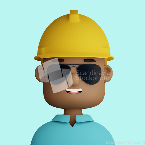 Image of 3D cartoon avatar of engineer man with safety helmet